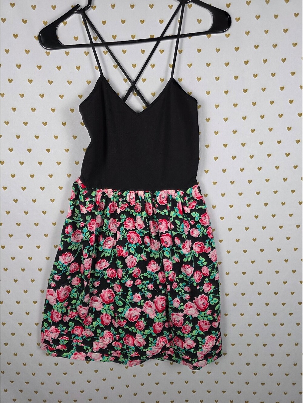 PINK Victoria's Secret Floral Skater Dress Criss Cross Back Black Medium